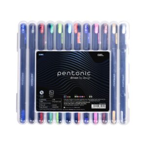Pentonic Multicolor Gel Pen With Hard Box Case | 0.6 mm-1.0 mm | Sleek Matt Finish, Featherlite feel | Waterproof Gel Ink, Ultra- Low Viscosity Ink | Black Body, 12 Pcs Set